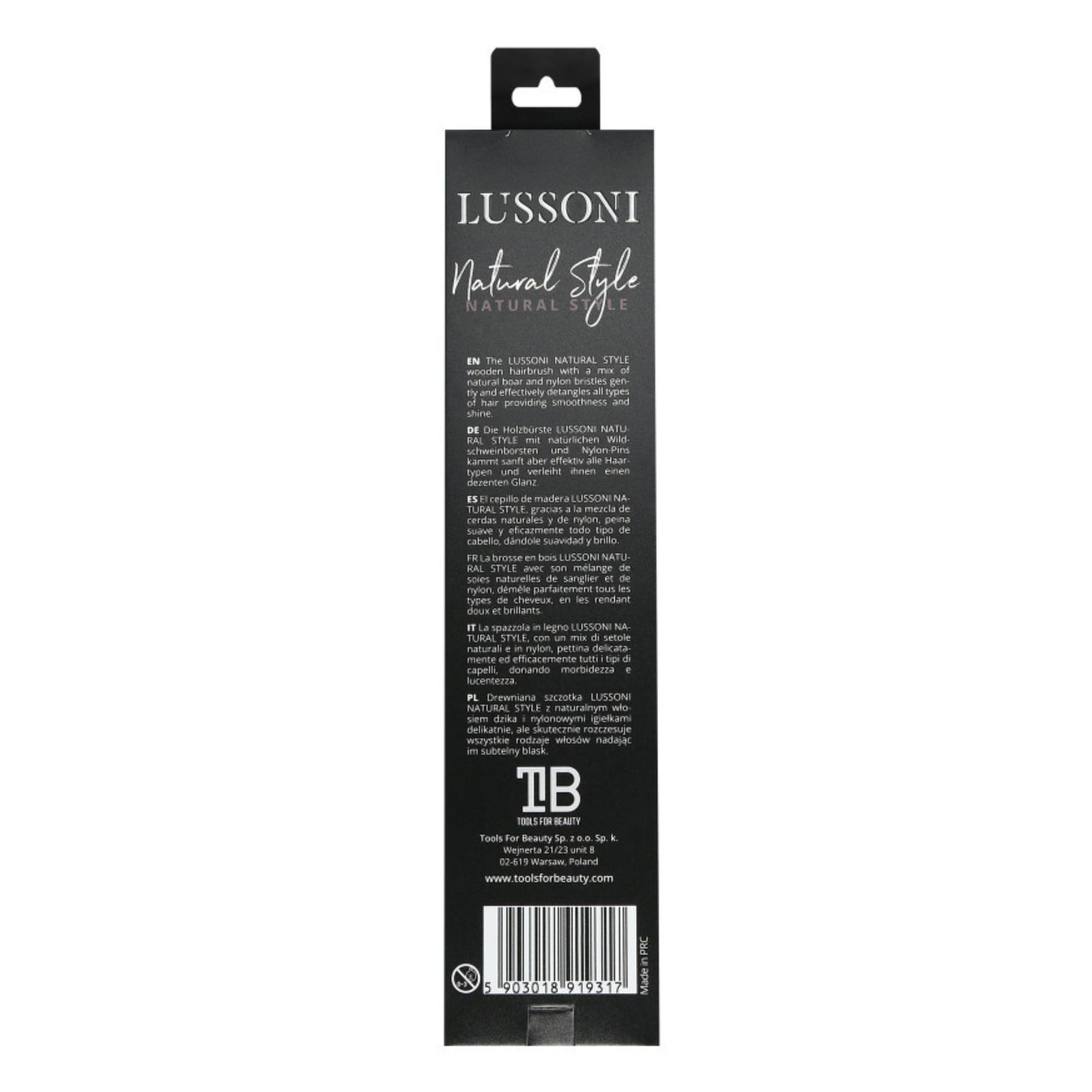LUSSONI Natural Style plochý úzký kartáč s kančími štetinami